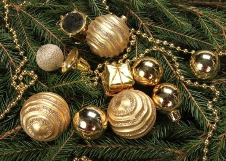 high angle shot golden baubles